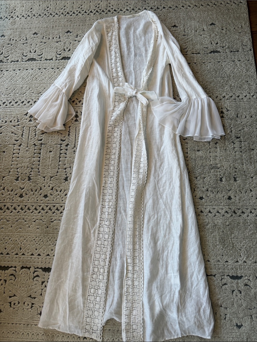 White Linen Crochet-Trim Maxi Dress with Tie Front